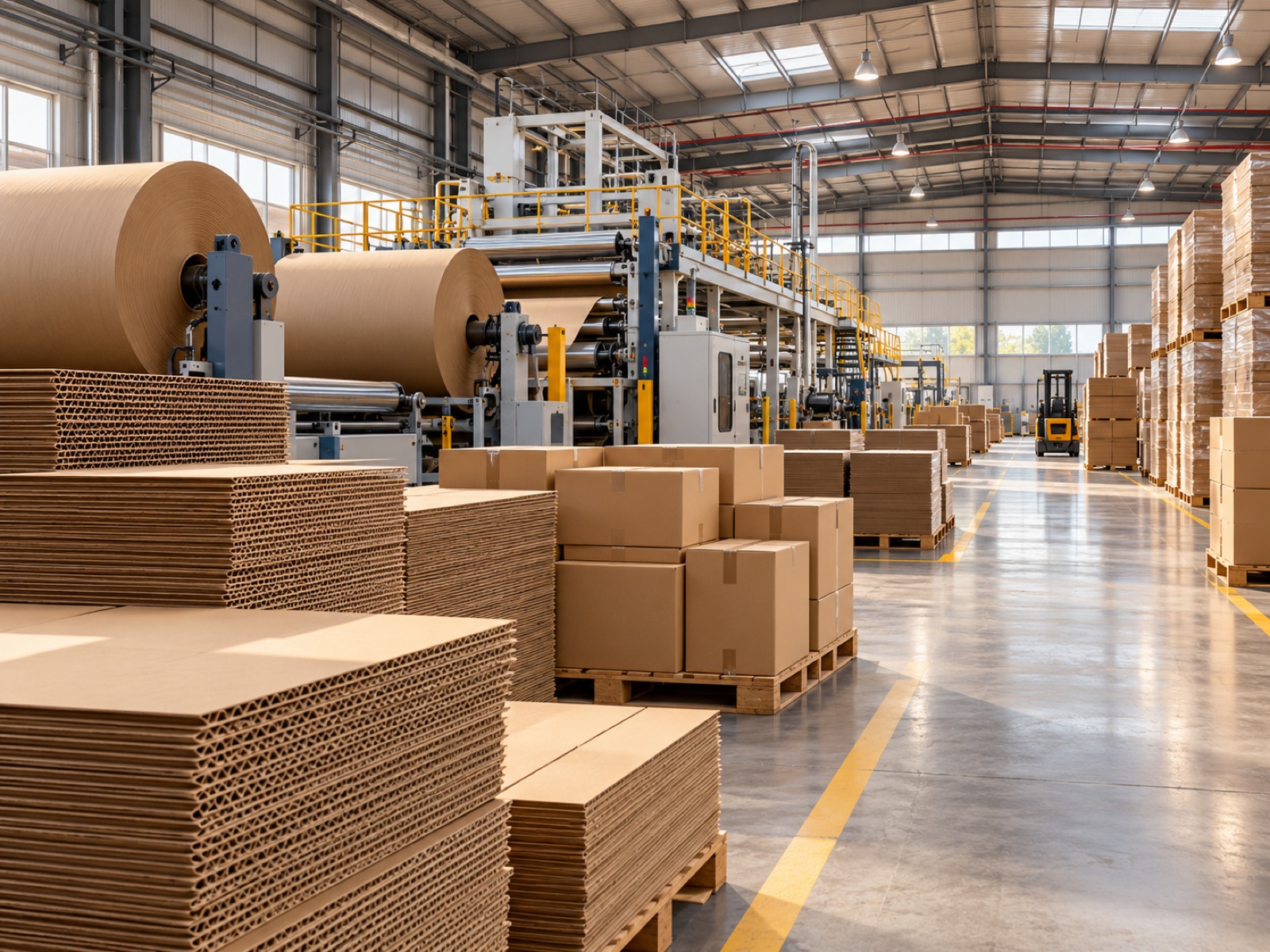 Corrugated packaging manufacturing facility with paper rolls, machinery and finished boxes